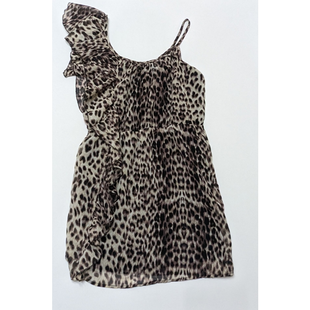 TRAMP Leopard Print Ruffle Dress With Cinched Waist Size M